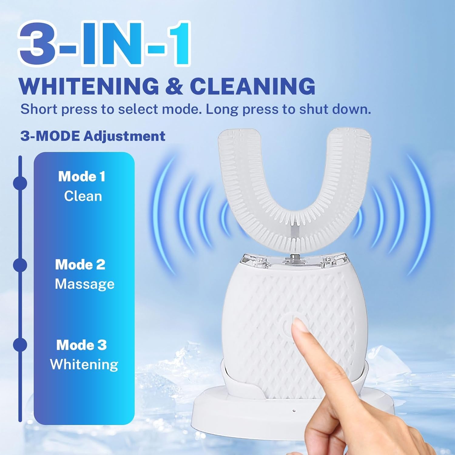 Ultraschall Zahnbürste, 360° Automatische Ultraschall Elektrozahnbürste, Elektrische Ultraschall-Zahnbürste Für Erwachsene Mit 1 U-Förmigen Silikonbürstenköpfen,3 Intensitätsstufen Ipx7 (Weiß)