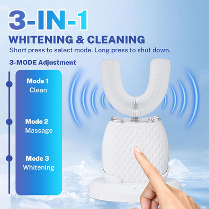 Ultraschall Zahnbürste, 360° Automatische Ultraschall Elektrozahnbürste, Elektrische Ultraschall-Zahnbürste Für Erwachsene Mit 1 U-Förmigen Silikonbürstenköpfen,3 Intensitätsstufen Ipx7 (Weiß)
