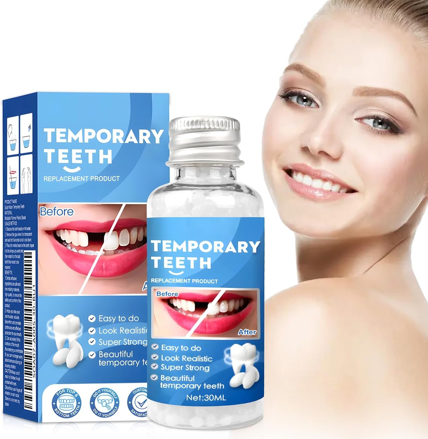 Provisorische Zahnfüllung Reparatur-Kit, Zahnersatz Selber Machen, 30ML Zahnfüllung Zahnzement, Zahnreparatur Perlen, Zahnreparatur-Kit Für Reparieren Fehlender Gebrochener Und Großer Zahnlücken