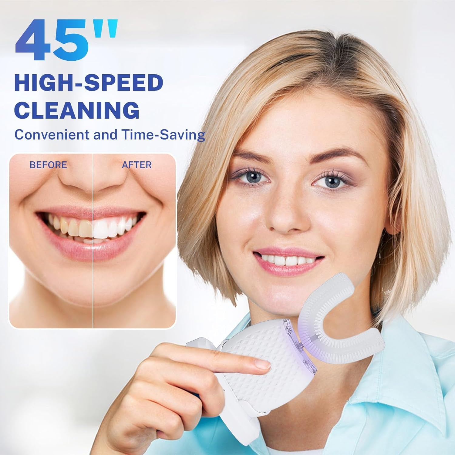 Ultraschall Zahnbürste, 360° Automatische Ultraschall Elektrozahnbürste, Elektrische Ultraschall-Zahnbürste Für Erwachsene Mit 1 U-Förmigen Silikonbürstenköpfen,3 Intensitätsstufen Ipx7 (Weiß)