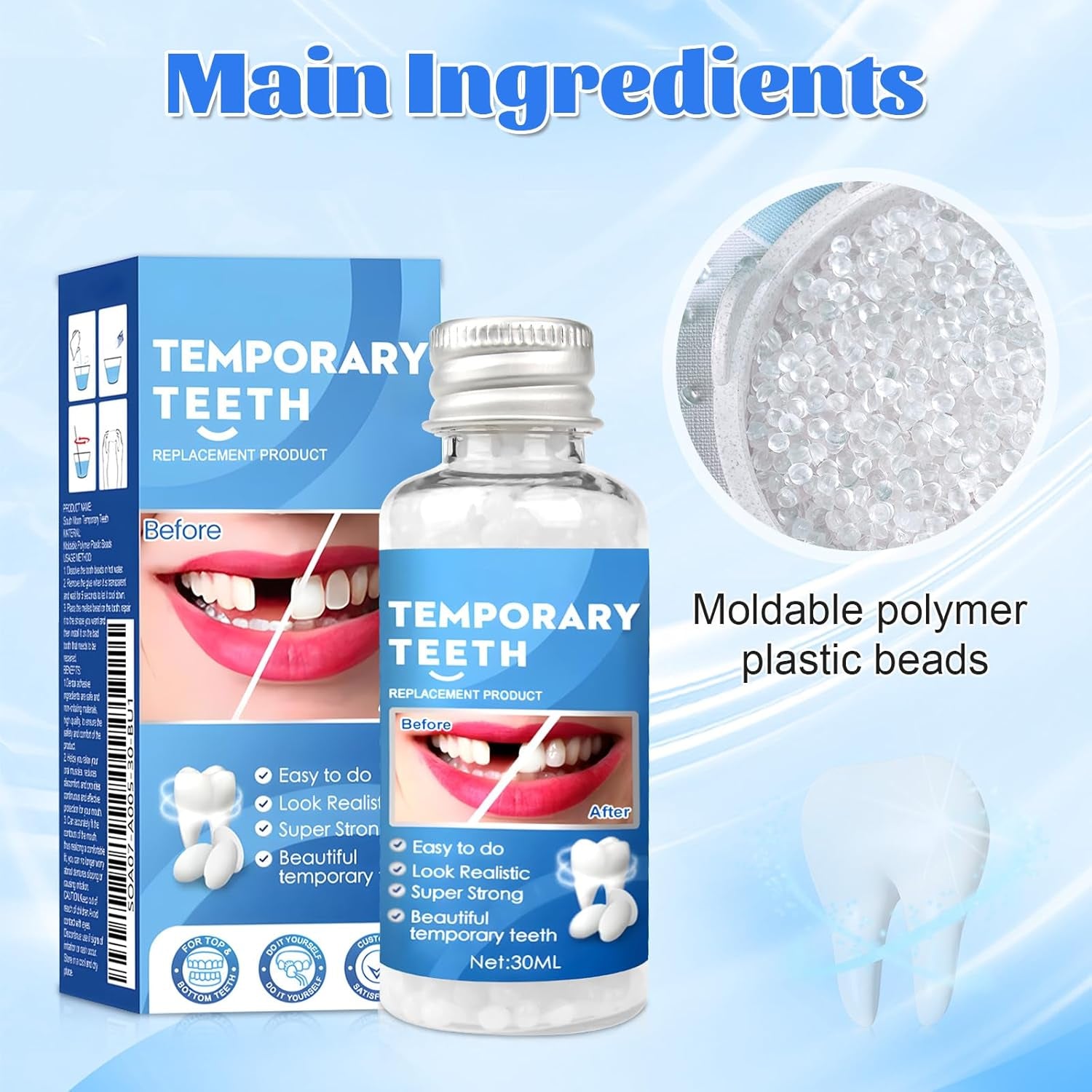 Provisorische Zahnfüllung Reparatur-Kit, Zahnersatz Selber Machen, 30ML Zahnfüllung Zahnzement, Zahnreparatur Perlen, Zahnreparatur-Kit Für Reparieren Fehlender Gebrochener Und Großer Zahnlücken