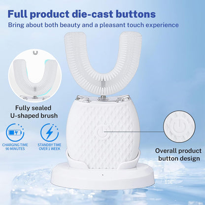 Ultraschall Zahnbürste, 360° Automatische Ultraschall Elektrozahnbürste, Elektrische Ultraschall-Zahnbürste Für Erwachsene Mit 1 U-Förmigen Silikonbürstenköpfen,3 Intensitätsstufen Ipx7 (Weiß)
