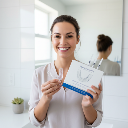 Woman holding professional teeth whitening kit