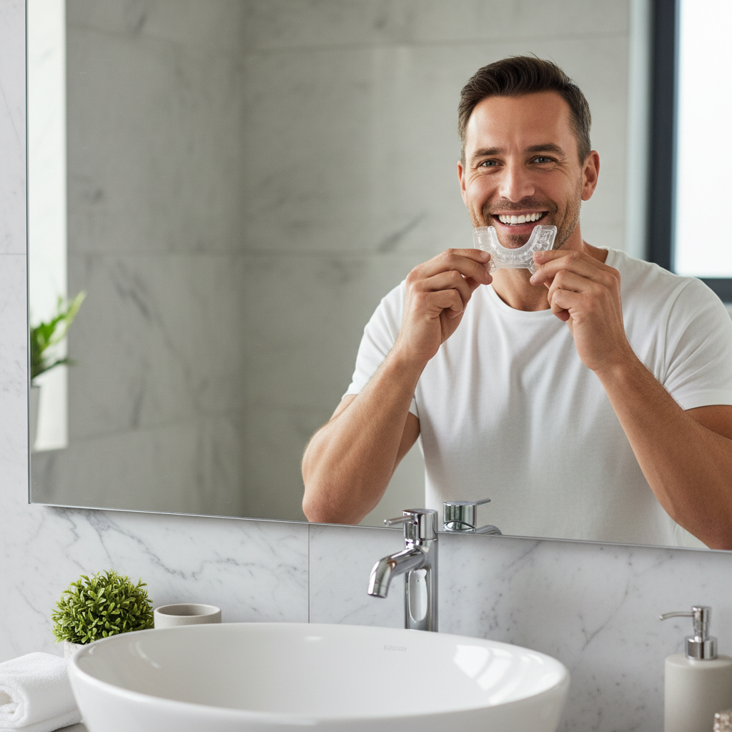 Man applying teeth whitening tray